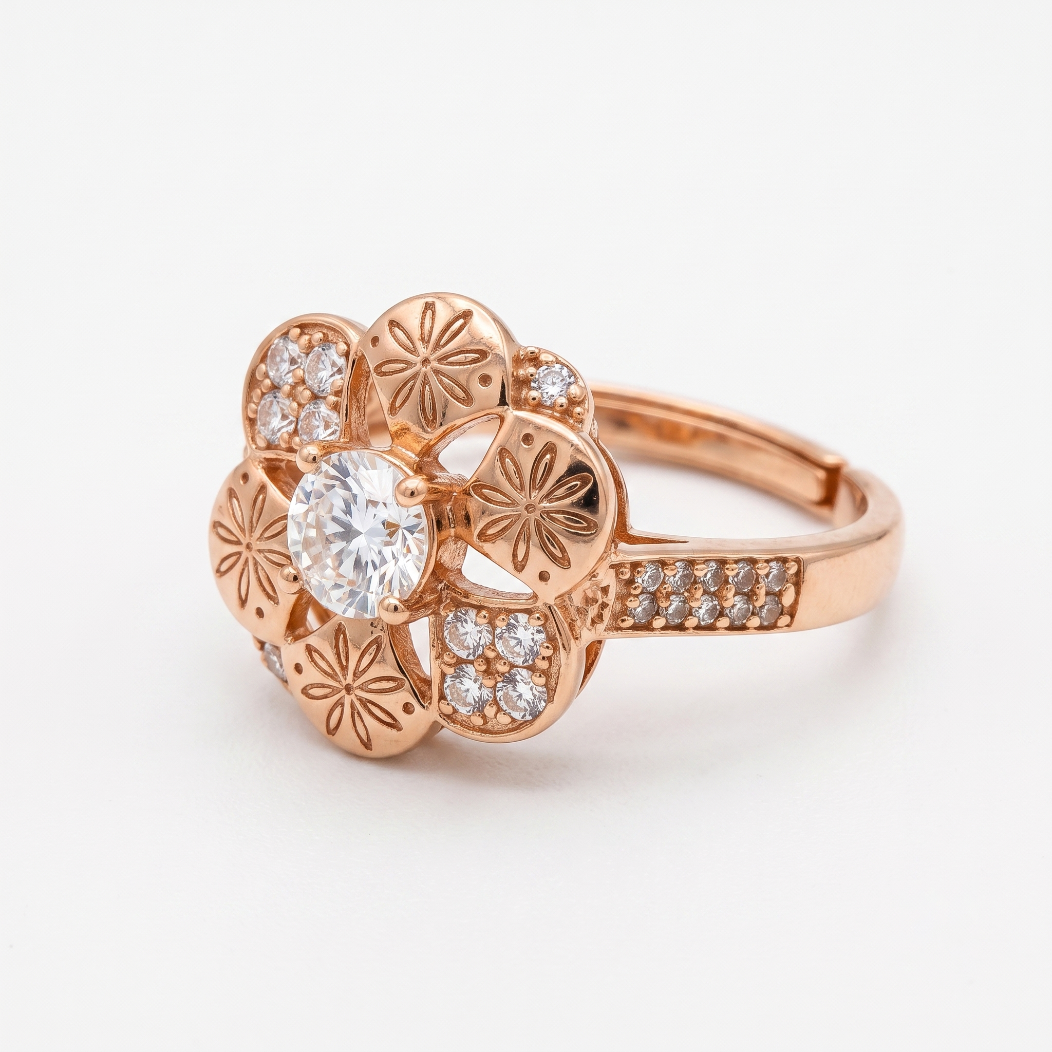 Zarvea Rosette Gleam – Rose-Gold-Tone Floral Ring for Women