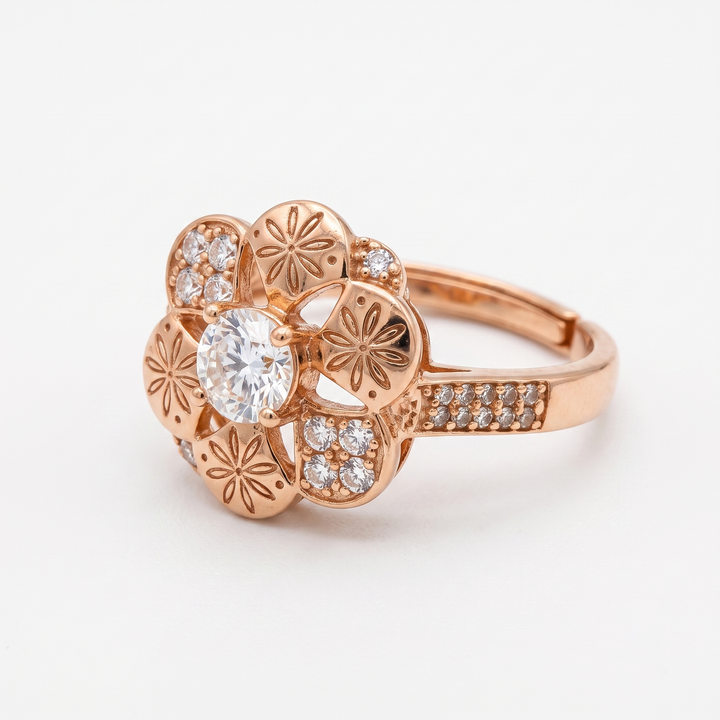 Zarvea Rosette Gleam – Rose-Gold-Tone Floral Ring for Women