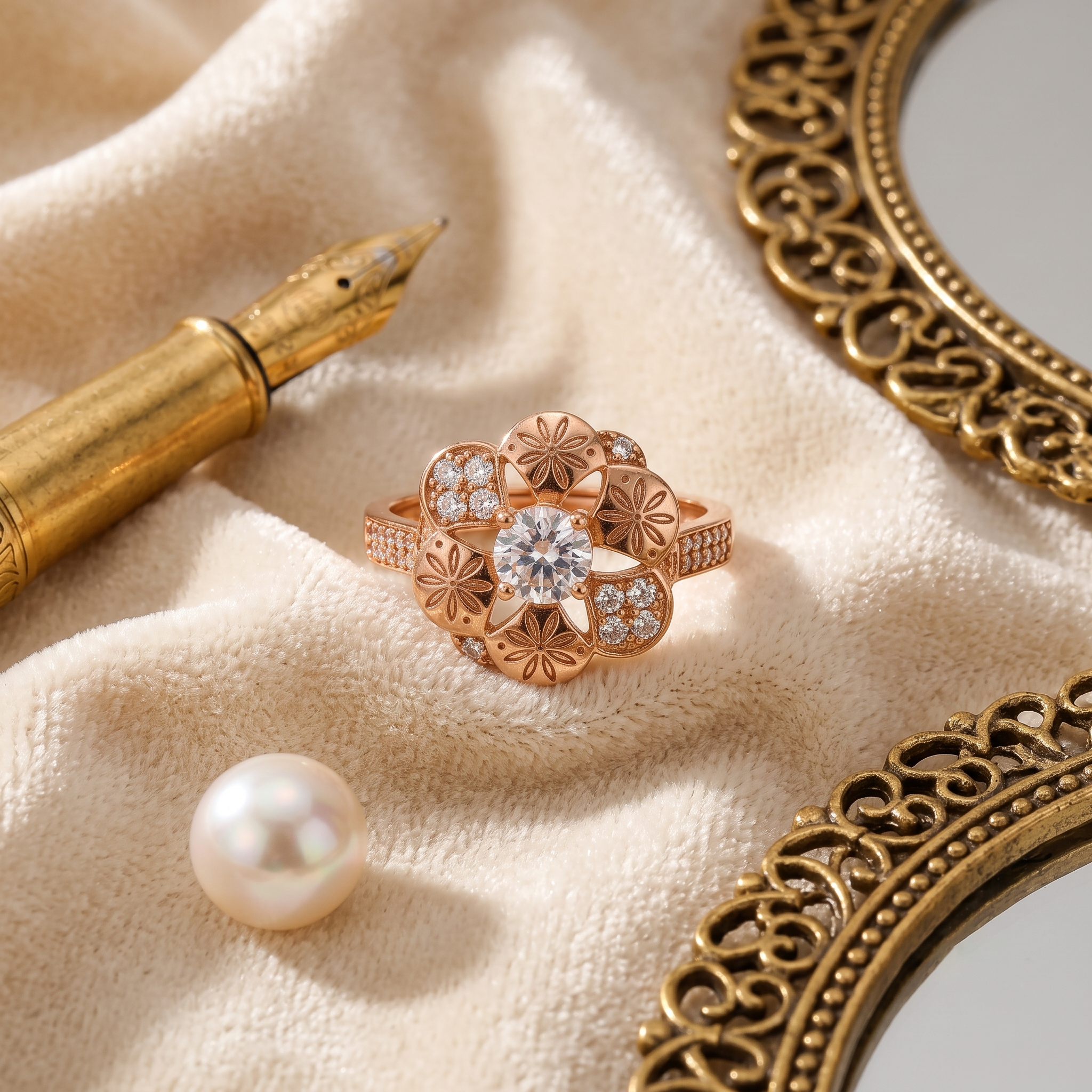 Zarvea Rosette Gleam – Rose-Gold-Tone Floral Ring for Women