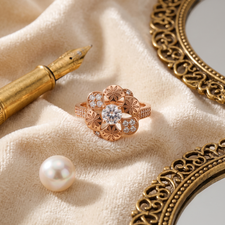 Zarvea Rosette Gleam – Rose-Gold-Tone Floral Ring for Women