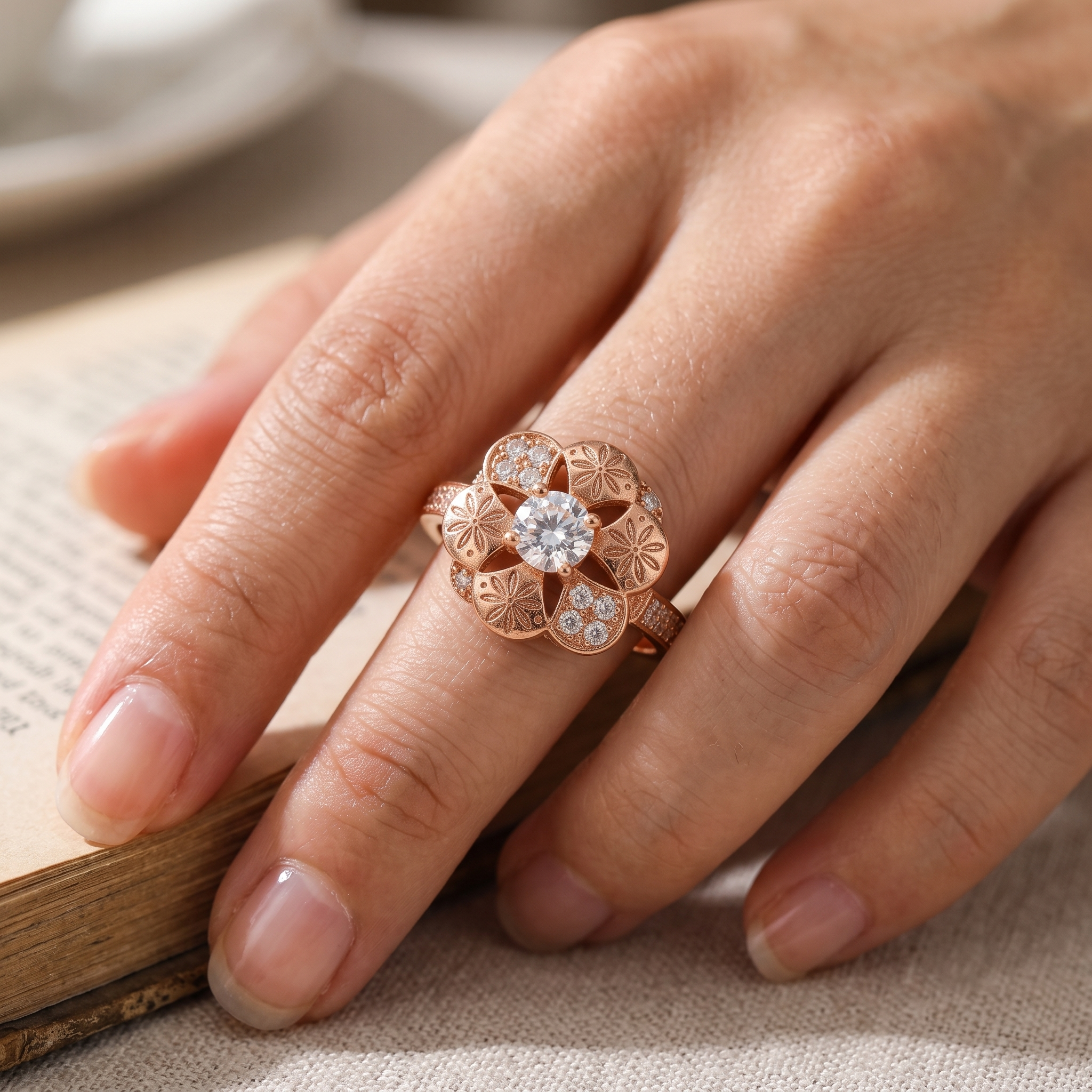 Zarvea Rosette Gleam – Rose-Gold-Tone Floral Ring for Women