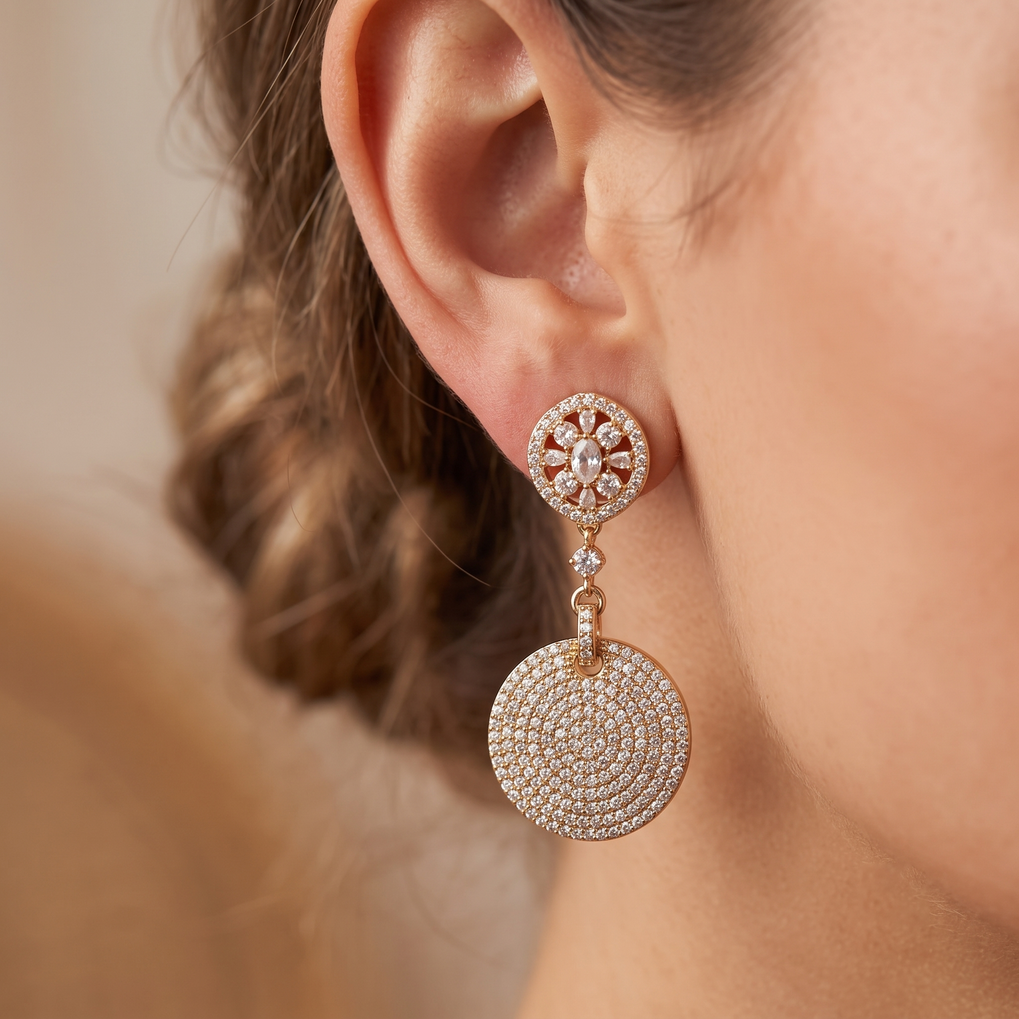 Zarvea Aurevia Radiant Disc – Gold-Coloured Drop Earrings for Women