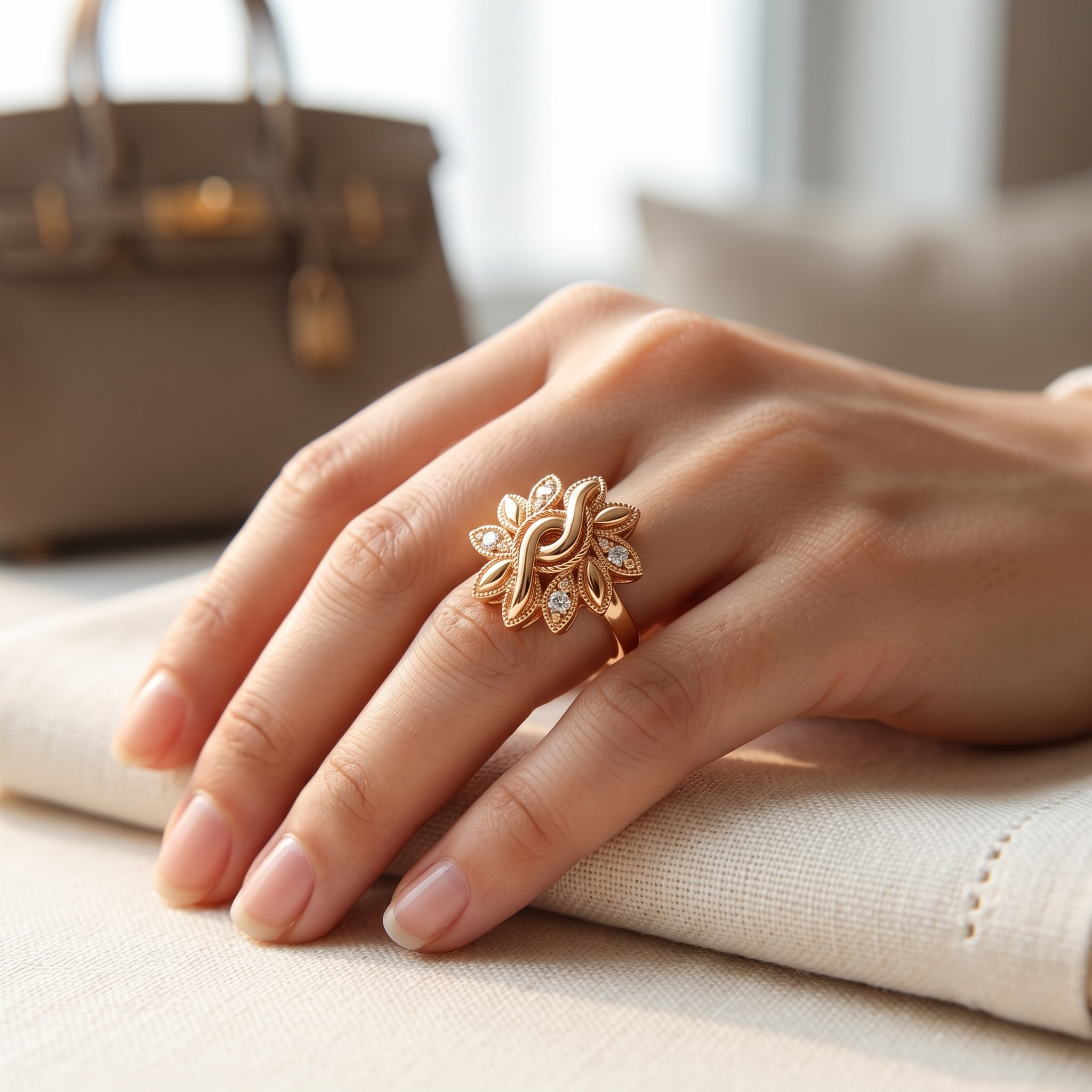 Zarvea Flora Swirl – Gold-Tone Floral Statement Ring for Women