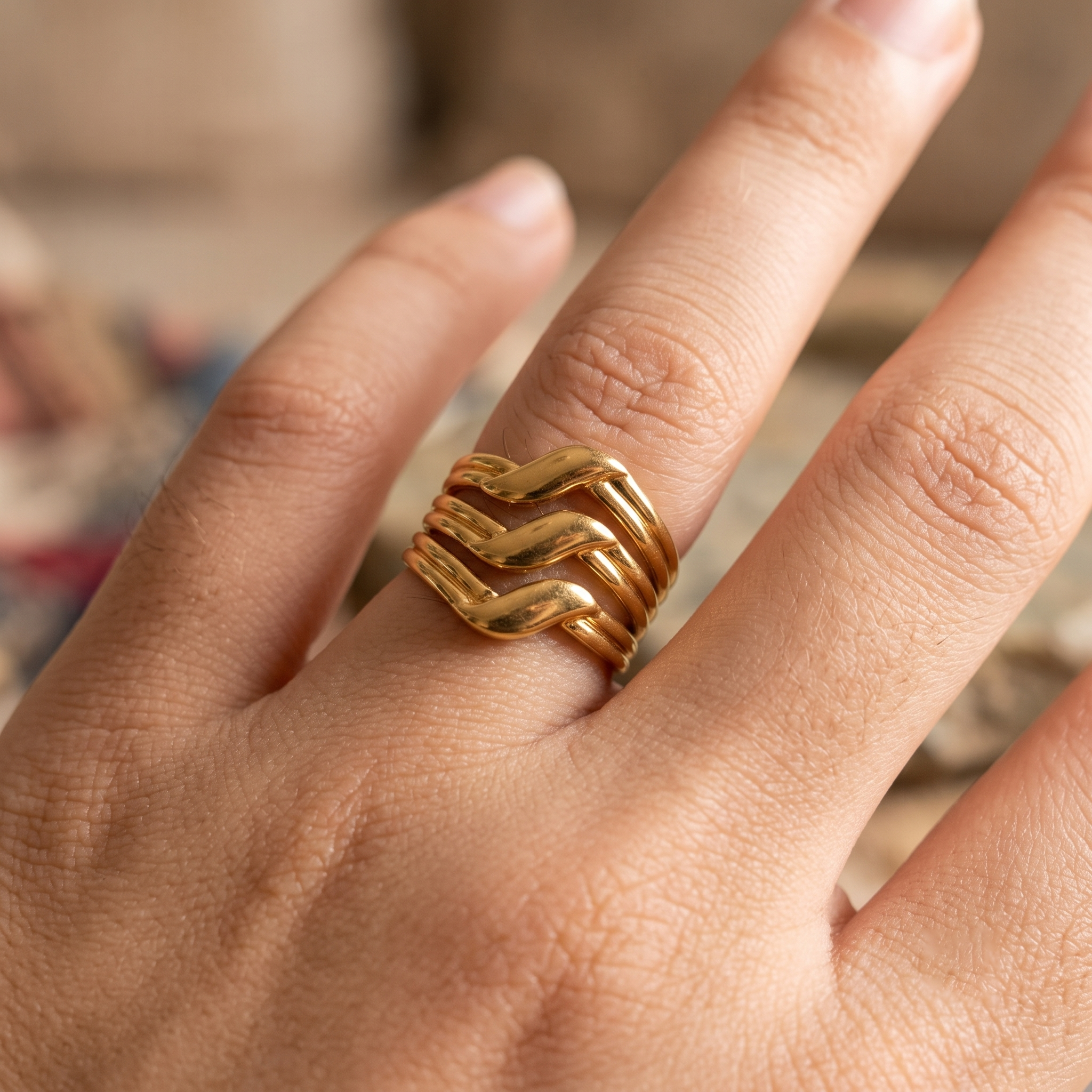 Zarvea Flowline Cuff – Gold-Tone Statement Ring for Women